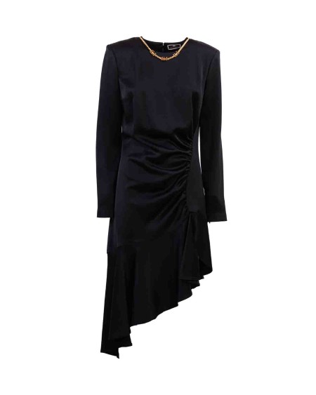 Shop ELISABETTA FRANCHI  Abito: Elisabetta Franchi abito asimmetrico in crêpe a girocollo.
Abito in crêpe satin arricciato con maniche lunghe. 
È caratterizzato da un drappeggio che parte dal fianco e termina con balza al fondo e impreziosito da un accessorio in metallo dorato e strass che ricrea un effetto collana.
Zip invisibile sulla schiena.
Accessorio in metallo dorato e strass.
Composizione: 66% Acetato 34% Viscosa.
Fabbricato in Italia.. AB43137E2-110